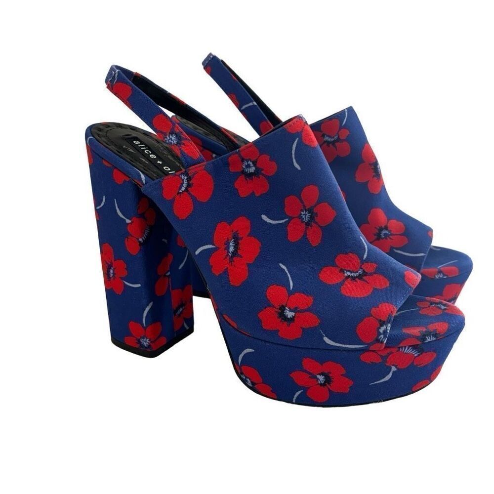 Alice + Olivia Navy Blue Platform Heels with Red Floral Print